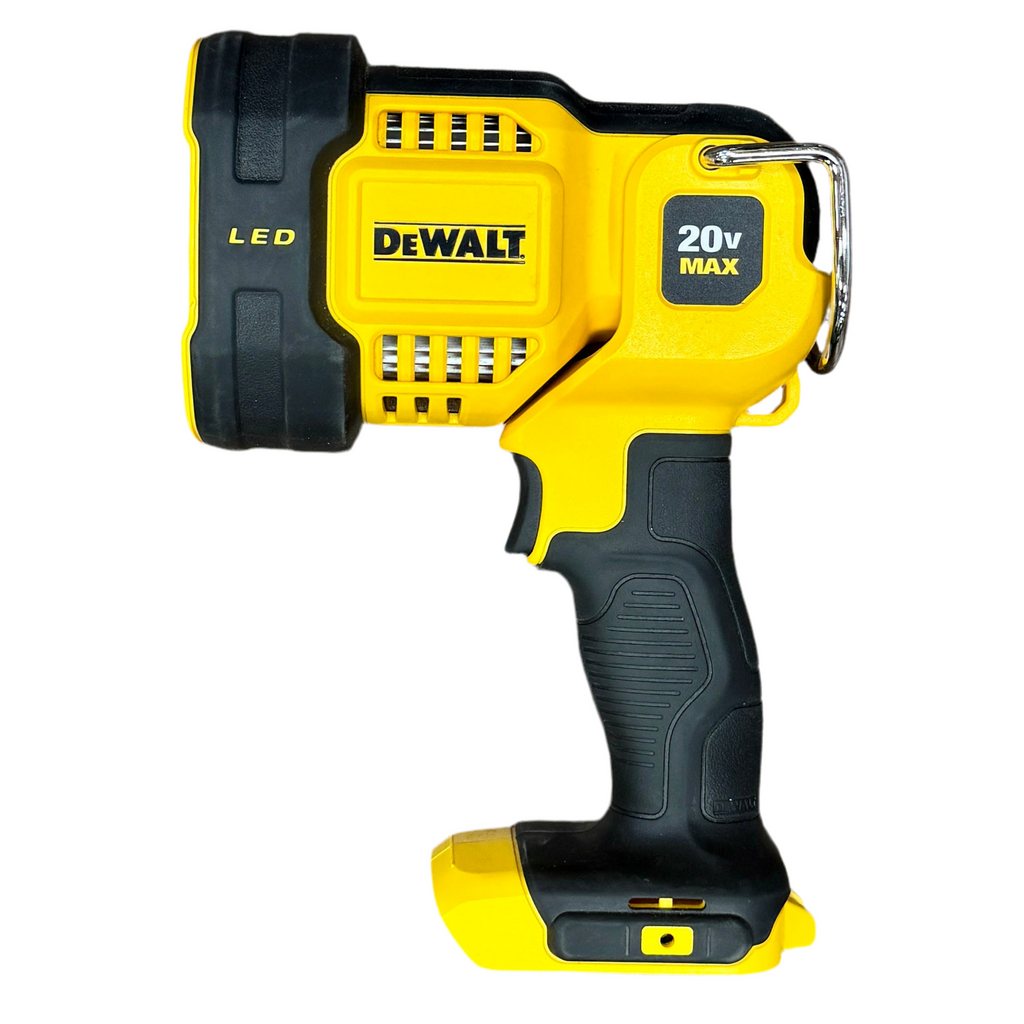 DeWalt cordless flashlight with yellow and black design on a white background