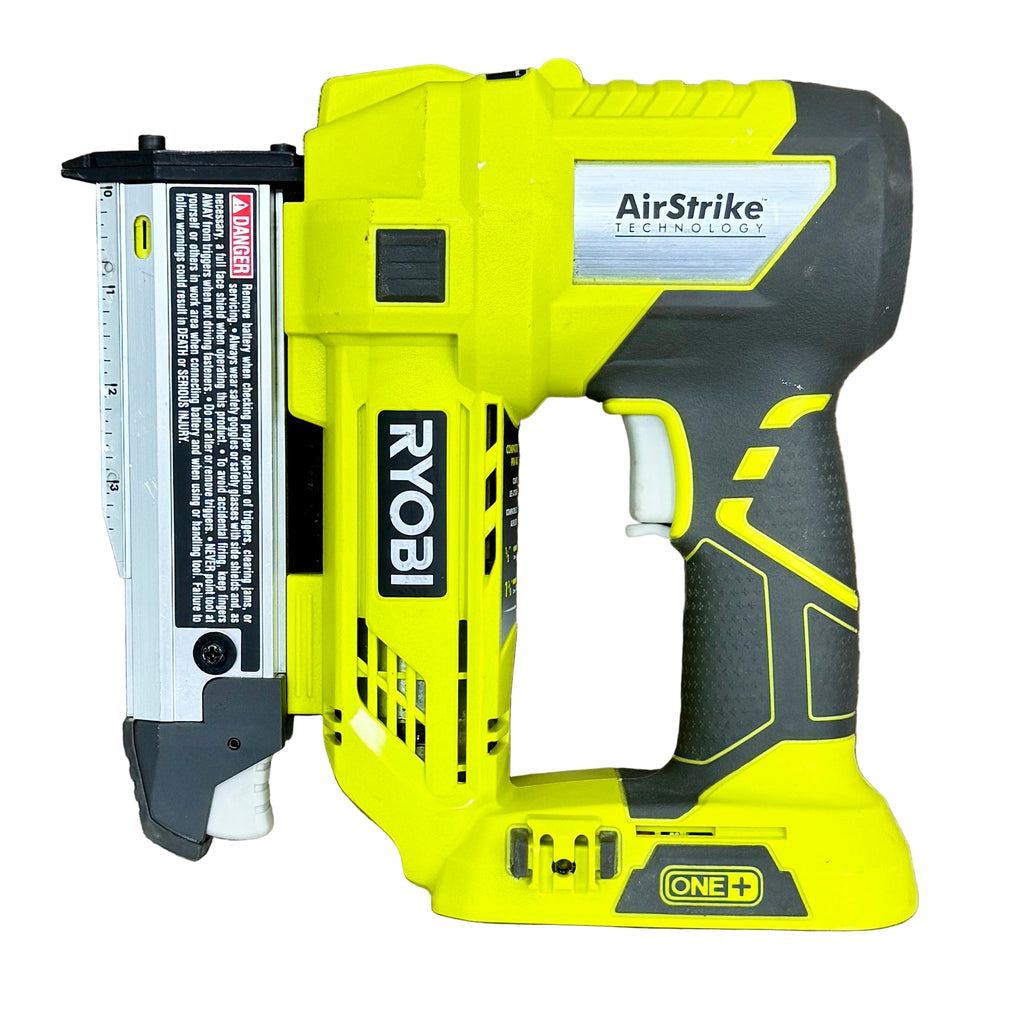 RYOBI ONE+ 18V 23-Gauge 1-3/8" Cordless AirStrike Pin Nailer (P318) Yellow and black Ryobi nail gun on a wooden surface