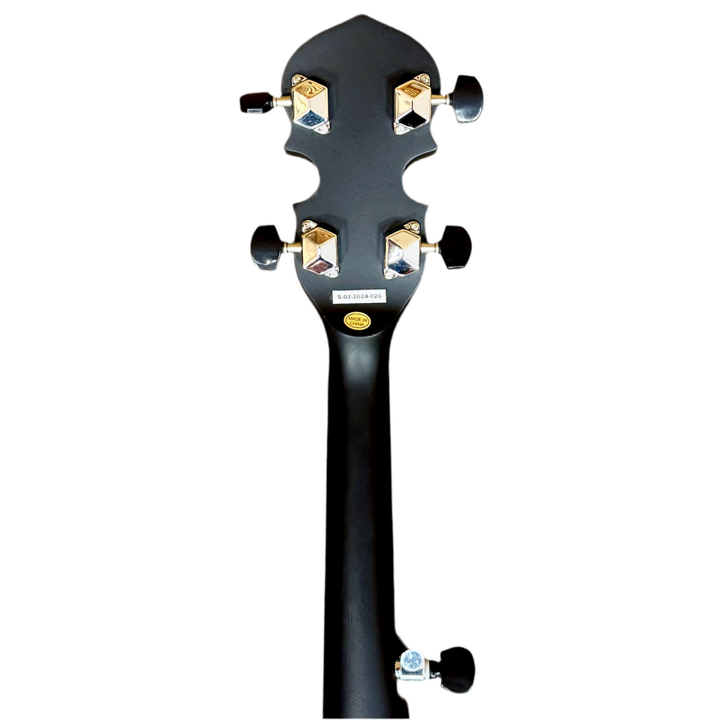 Gold Tone AC-1 Acoustic Composite 5-String Openback Banjo Black violin headstock with tuning pegs on a white background