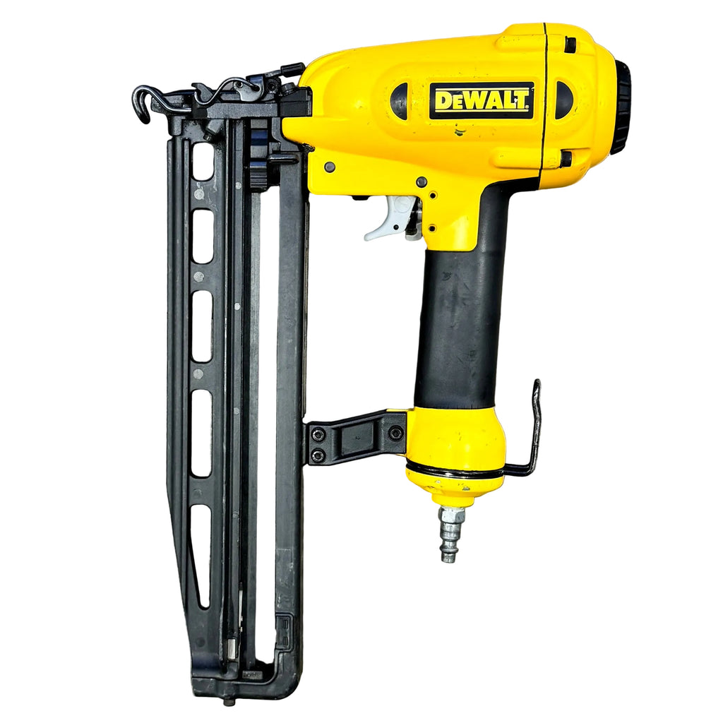 DeWalt 16-Gauge 2-1/2" Pneumatic Finish Nailer (D51256) Yellow and black DEWALT nail gun on a wooden surface