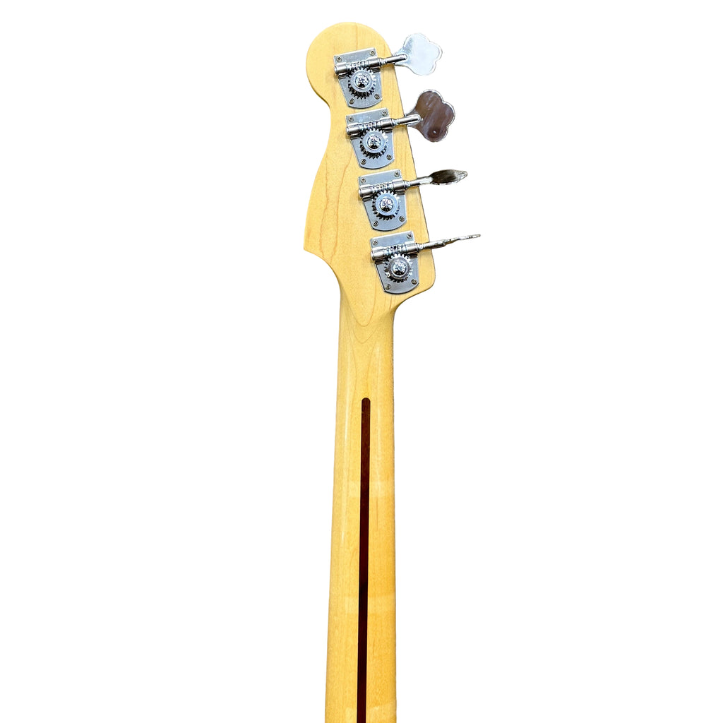 Fender Standard Precision Bass Electric Bass Guitar w/ Hard Case Close-up of a guitar neck with frets and tuning pegs on a white background
