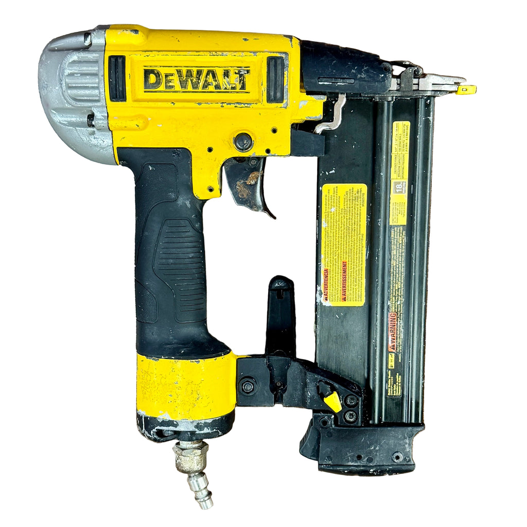 DeWalt 18-Gauge Precision Point 2-1/8" Pneumatic Brad Nailer (DWFP12233) Yellow and black Dewalt nail gun on a wooden surface