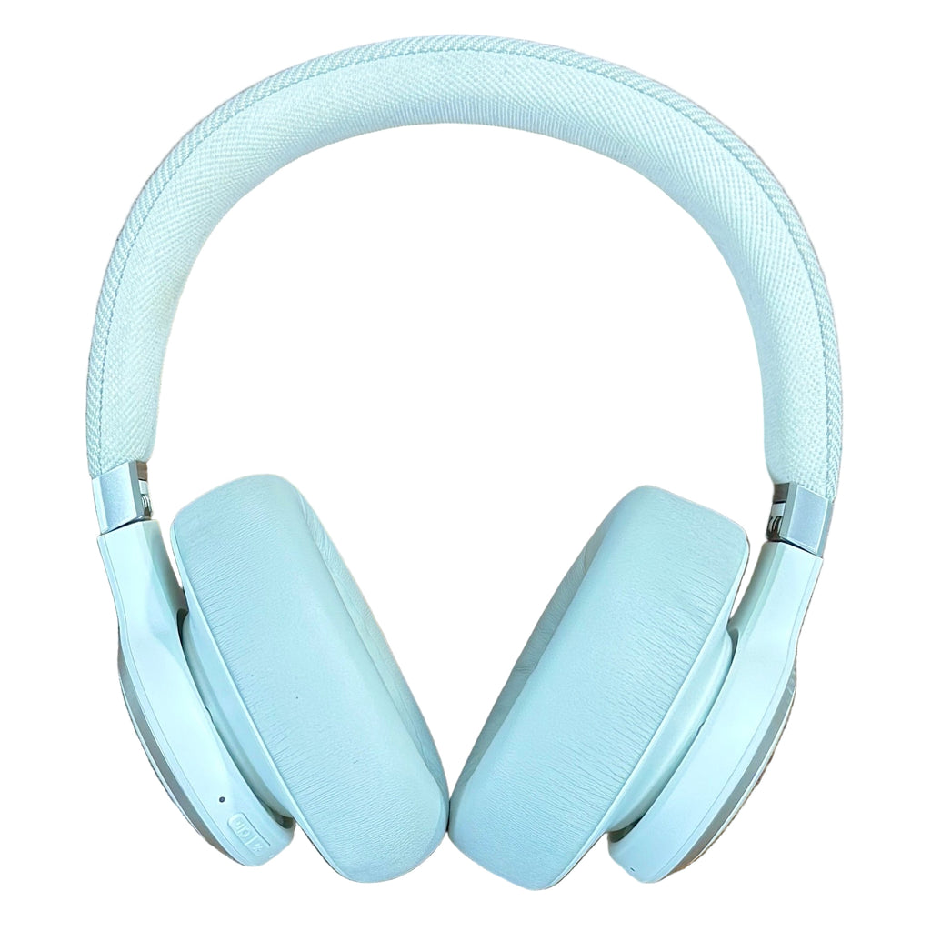 JBL Live 770NC Wireless Noise Cancelling Over-Ear Headphones - White Light blue headphones on a white background
