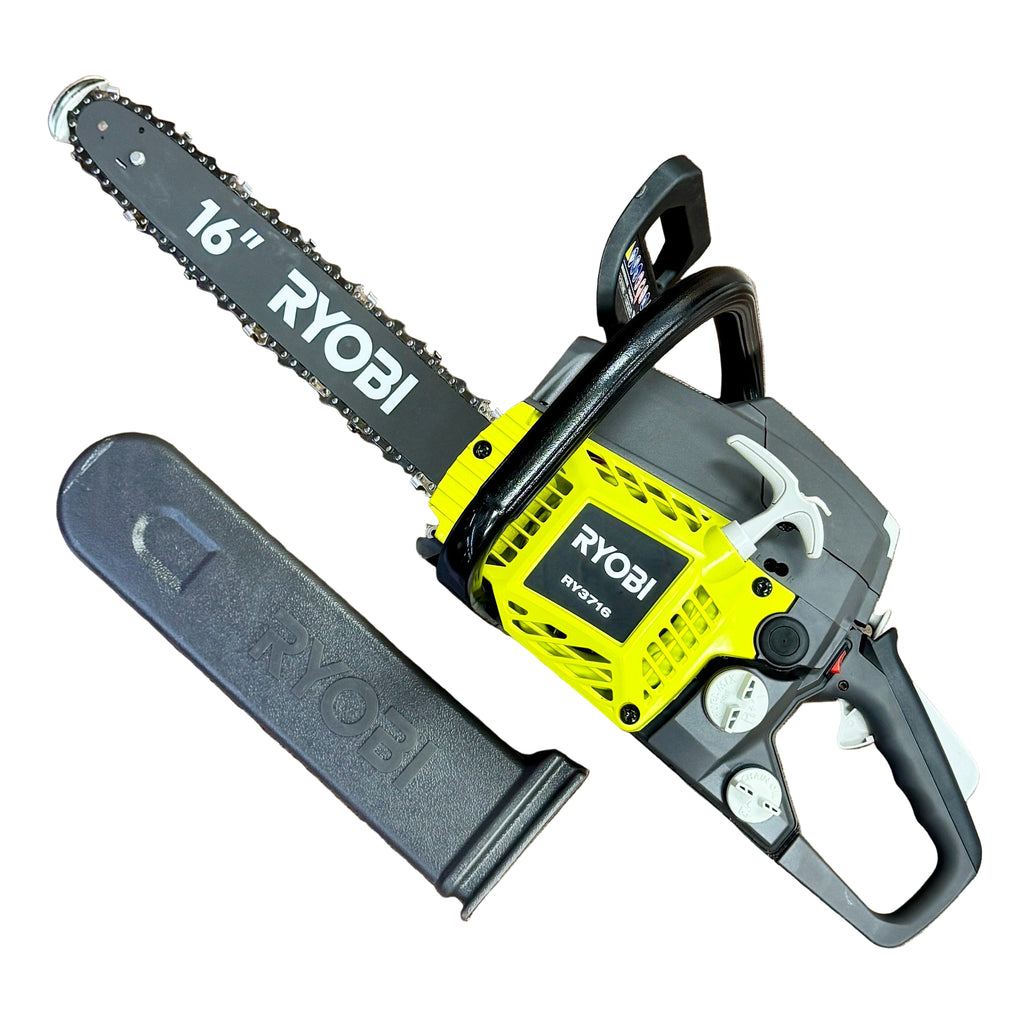 RYOBI 37 cc 16" Guide Bar 2-Cycle Gas-Powered Chainsaw (RY3716) RYOBI chainsaw on a wooden floor