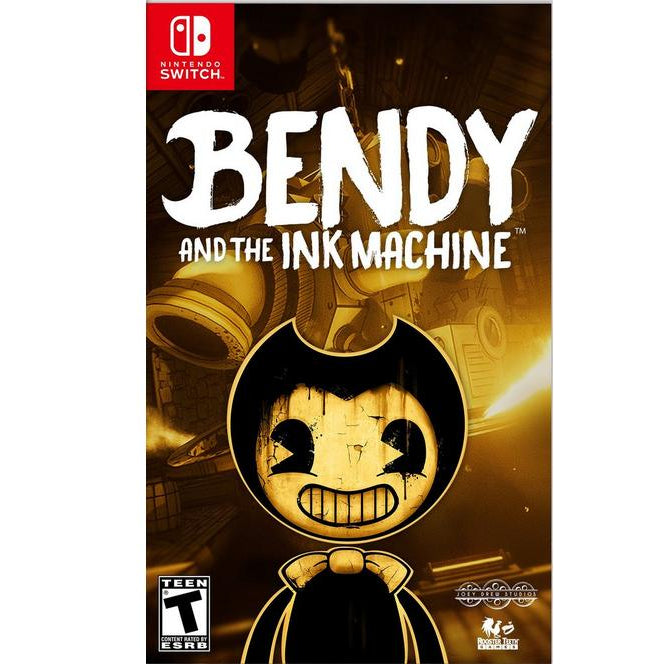 Game cover of 'Bendy and the Ink Machine' for Nintendo Switch with a stylized character and fiery background.