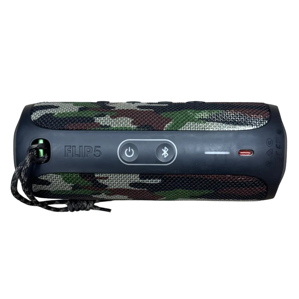 JBL FLIP 5 Portable Waterproof Bluetooth Speaker - Camouflage patterned Bluetooth speaker with 'FLIP5' branding on a white background