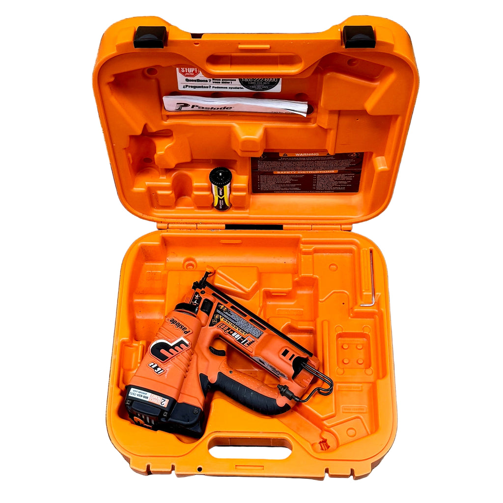 Paslode 16-Gauge 2-1/2" Cordless Angled Finish Nailer w/ Battery, Charger, & Hard Case (IM250A Li) Orange power tool set in an open case on a wooden floor.