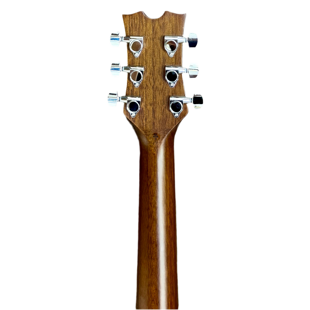 Dean FLY MAH Flight Mahogany Travel Acoustic Guitar headstock with tuning pegs on a white background