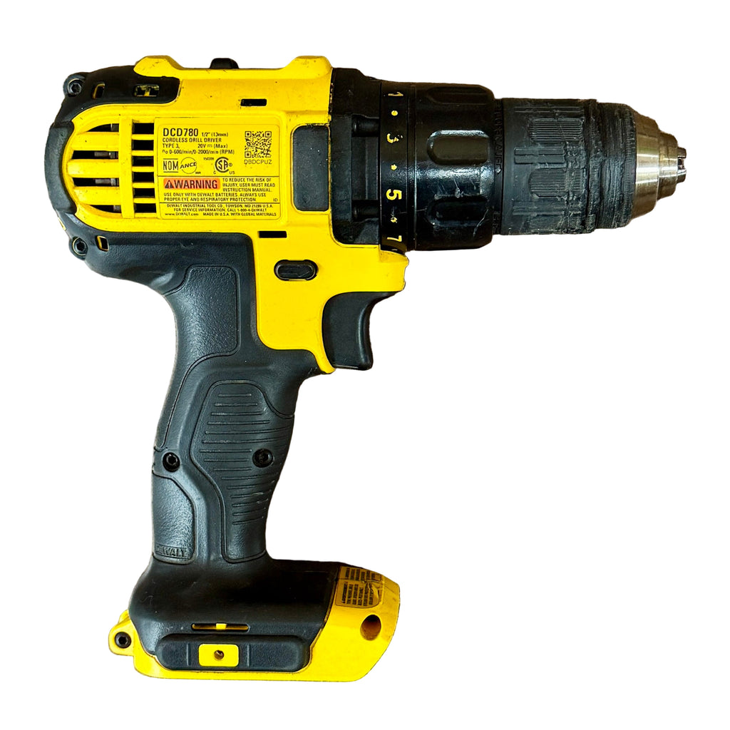 DeWalt 20V MAX 1/2" Cordless Compact Drill/Driver w/ Battery & Charger (DCD780) Yellow and black cordless drill on a wooden surface
