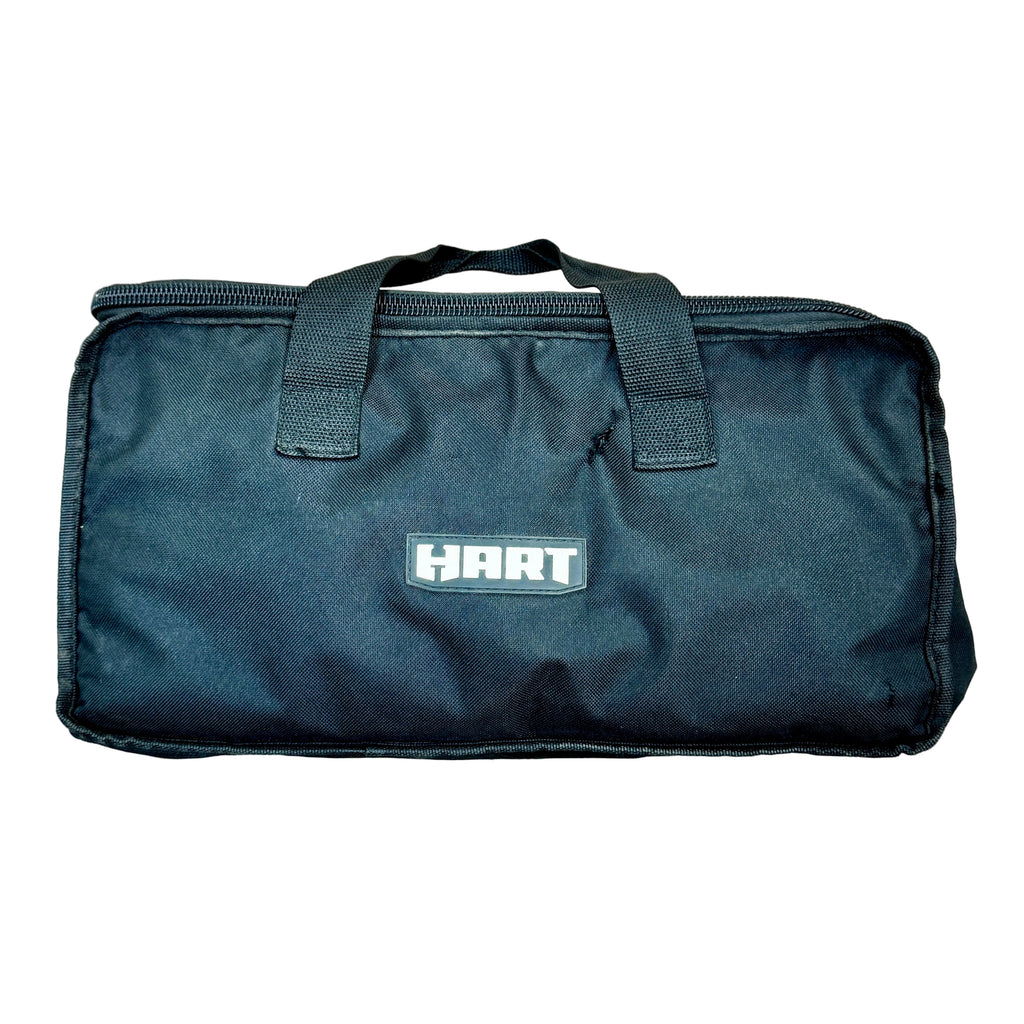 HART 20V 7-1/4" Brushless Cordless Circular Saw / HART 20V 1/2" Cordless Drill/Driver / HART 20V 1/2" Cordless Impact Driver w/ 2 Batteries, Charger, & Carrying Case (HPCS25/HPDD25VN/HPID25VN) Black tool bag with 'Hart' logo on a wooden floor