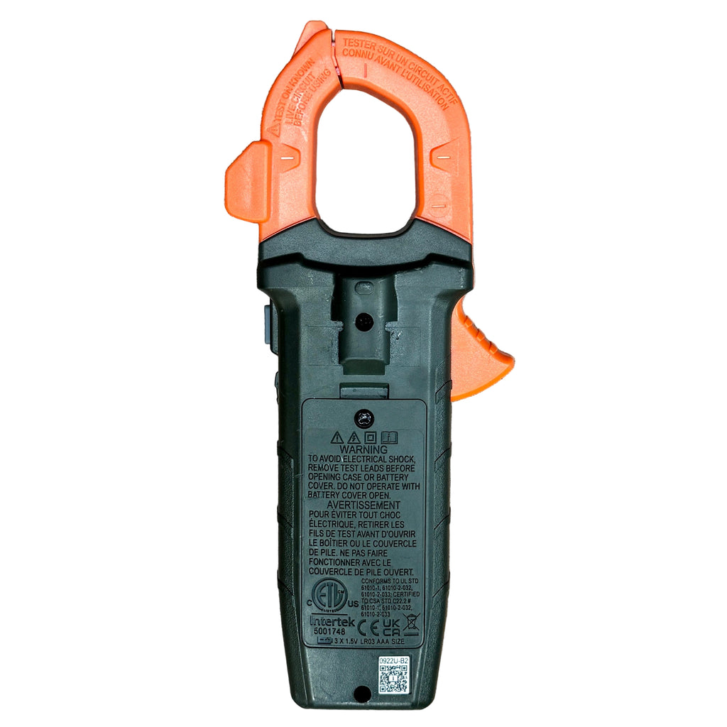 Klein Tools CL390 400A AC/DC Digital Clamp Meter w/ Case Clamp meter with orange jaw on a white background