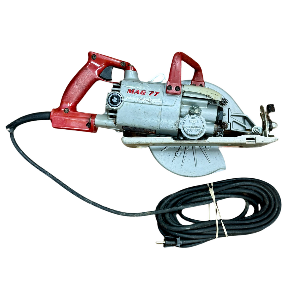 SKIL SKILSAW 13-Amp 7-1/4" Corded Worm Drive Circular Saw (HD77M) Red and gray circular saw with a long power cord on a white background