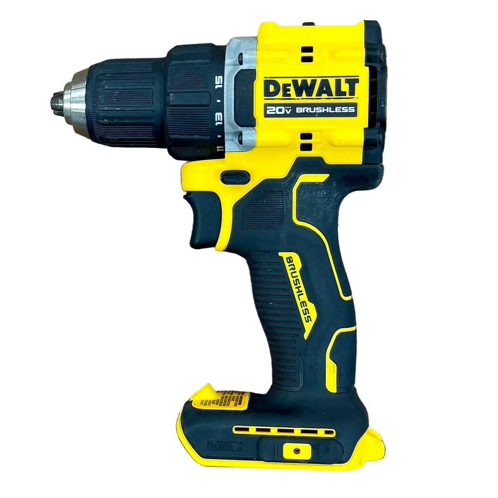 DeWalt ATOMIC 20V MAX 1/2" Brushless Cordless Drill/Driver w/ Battery & Charger (DCD794) DeWalt cordless drill on a wooden surface