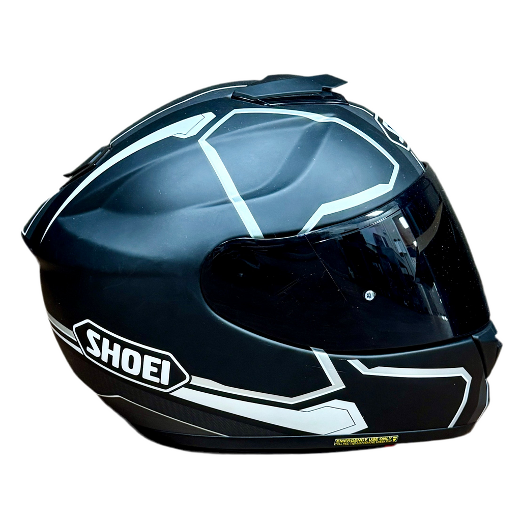 SHOEI GT-Air Motorcycle Helmet - Large Black motorcycle helmet with white accents and Shoei branding on a white background