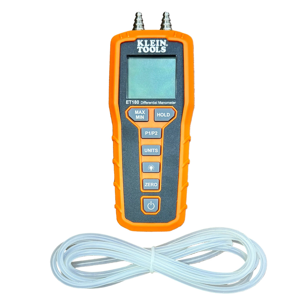 Klein Tools ET180 Digital Differential Manometer w/ Case Klein Tools ET180 differential manometer with a coiled cable on a white background