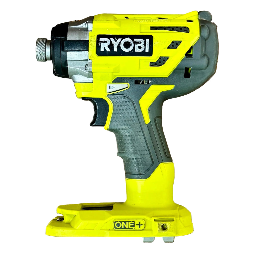 RYOBI ONE+ 18V 1/4" Brushless Cordless 3-Speed Hex Impact Driver (P238) Yellow and gray Ryobi power drill on a wooden surface