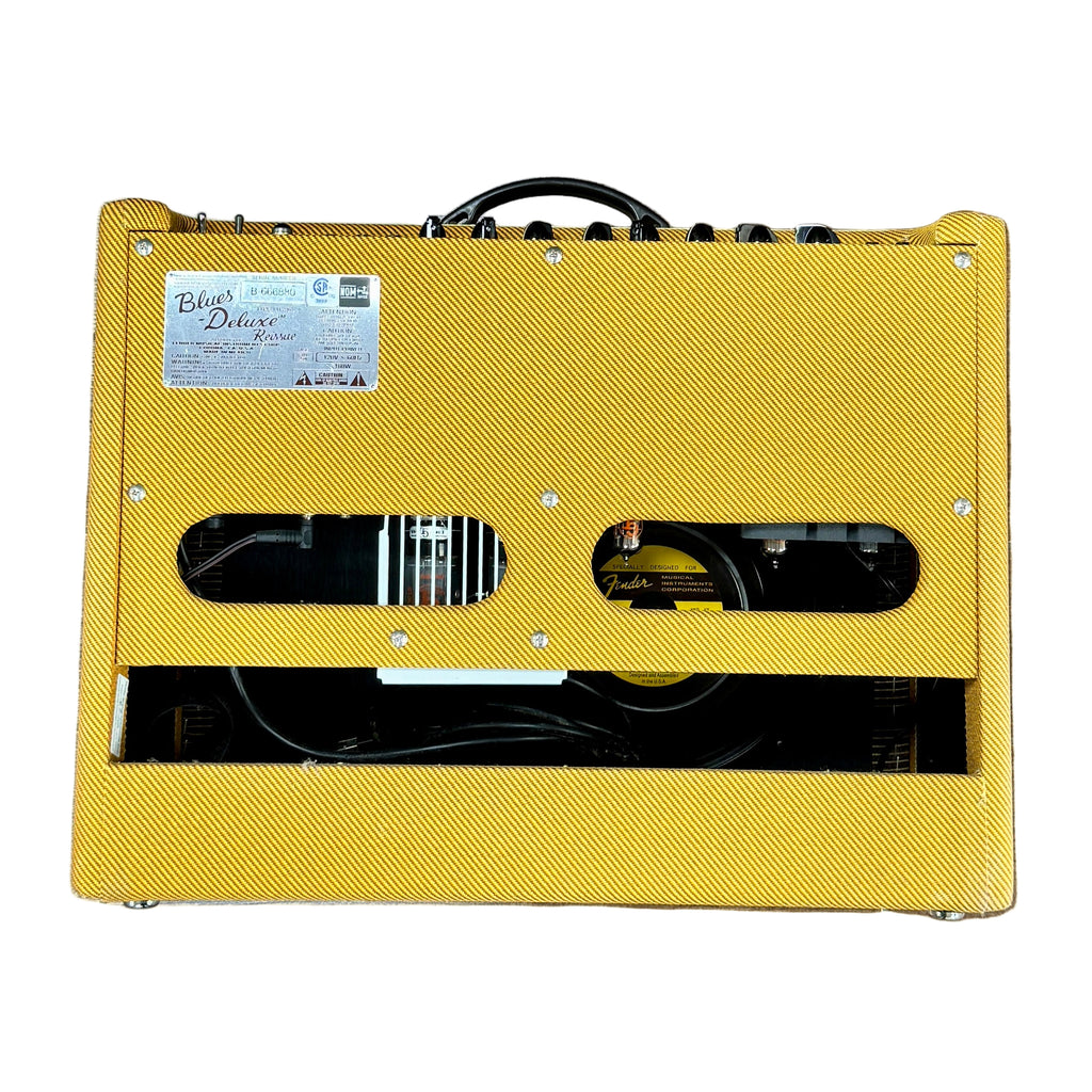 Fender Blues Deluxe Reissue Tweed Tube Guitar Combo Amplifier w/ Fender 2-Button Channel/Reverb Footswitch Yellow electronic device on a wooden floor