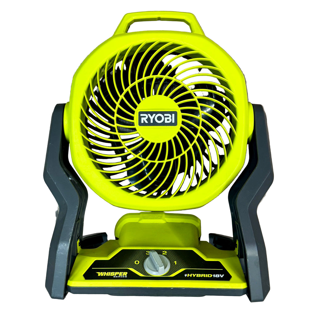 RYOBI ONE+ 18V 7-1/2" Cordless Hybrid WHISPER SERIES Fan w/ Battery (PCL811) Green Ryobi fan on a wooden surface