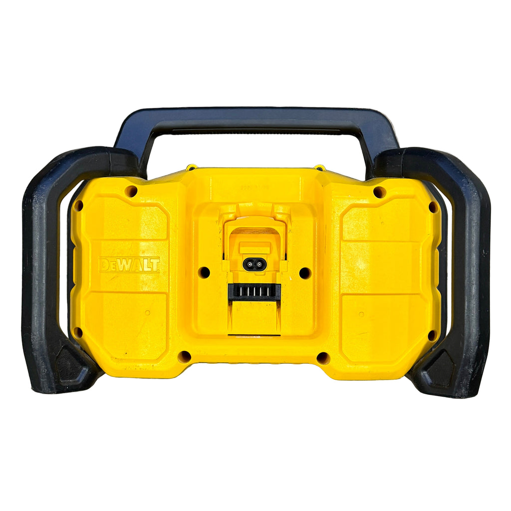 DeWalt 12V/20V MAX Bluetooth Cordless Jobsite Radio w/ Battery (DCR028) Yellow Dewalt battery pack on a wooden floor