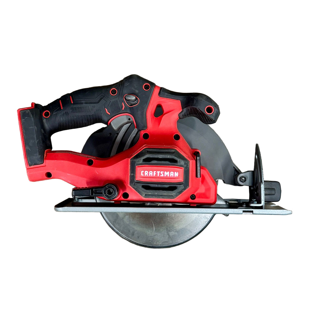 CRAFTSMAN V20 6-1/2" Cordless Circular Saw (CMCS500) Red and black Craftsman circular saw on a wooden surface