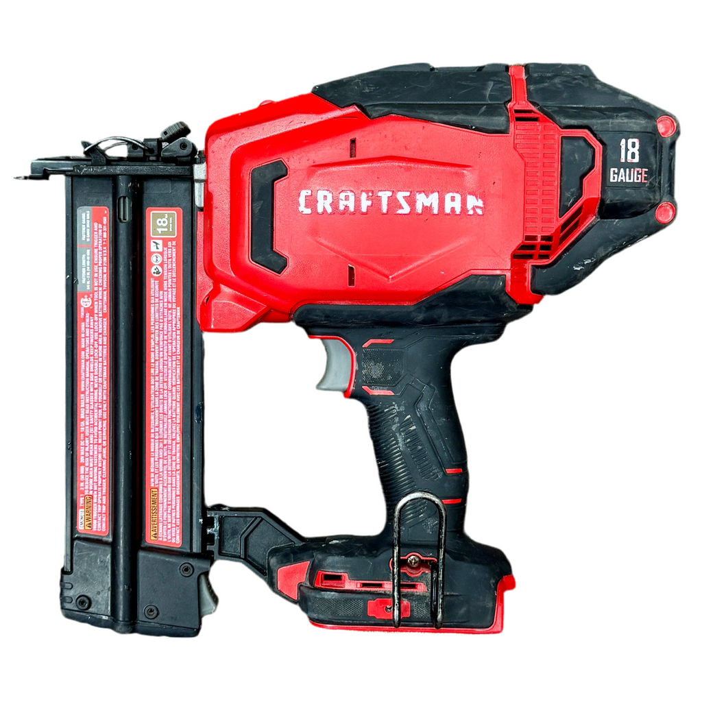 Red and black Craftsman nail gun on a white background