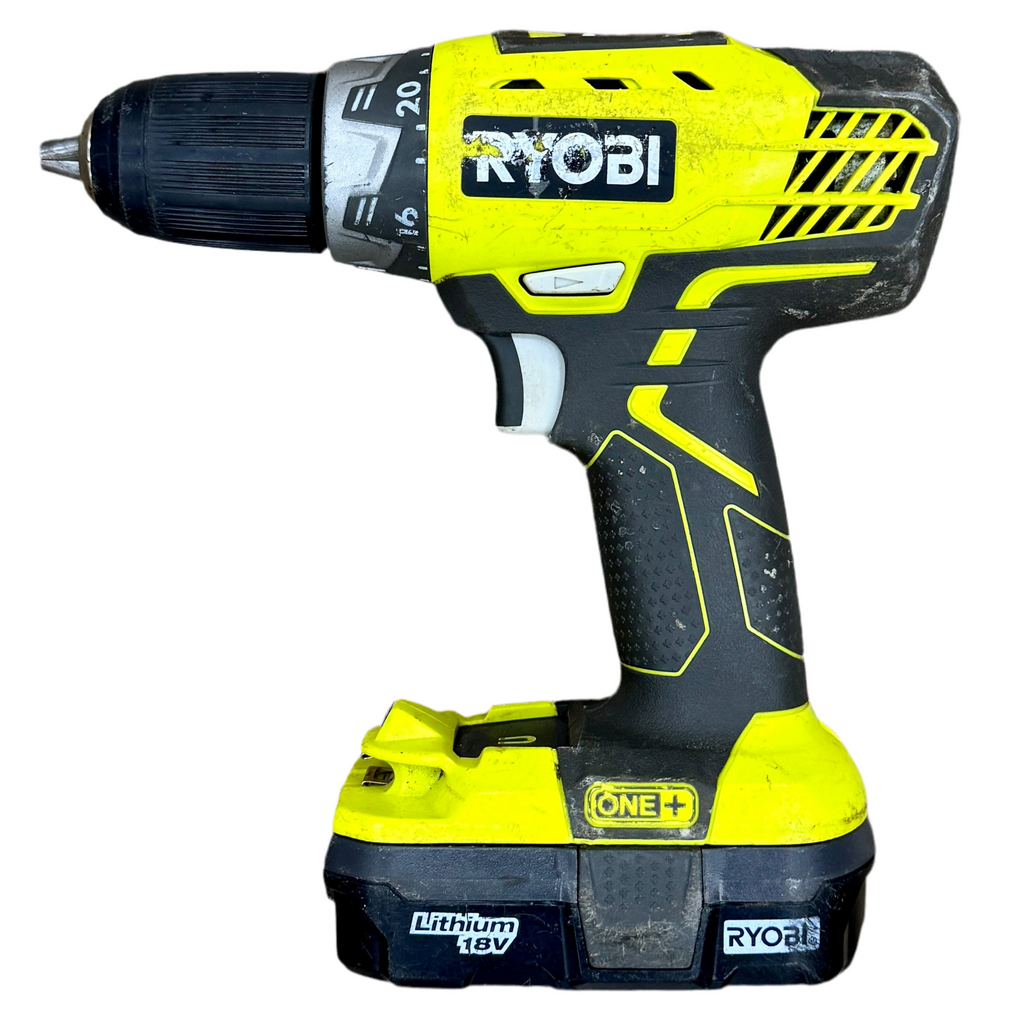 RYOBI ONE+ 18V 1/2" Cordless Drill/Driver w/ Battery (P208B) Ryobi cordless drill with battery on a white background