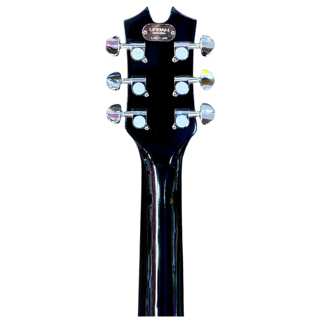 Keith Urban Limited Edition Light The Fuse Acoustic-Electric Guitar w/ Hard Case (6,008/21,000) Close-up of a guitar headstock with tuning pegs on a white background