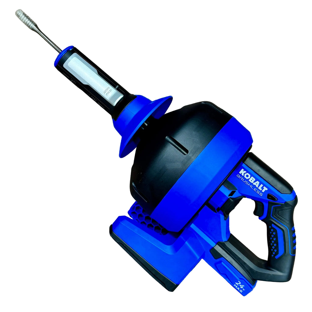Kobalt 24V MAX Brushless Cordless Galvanized Wire Drain Auger w/ Battery & Charger (KDA 124B-03) Blue Kobalt drill on a white background