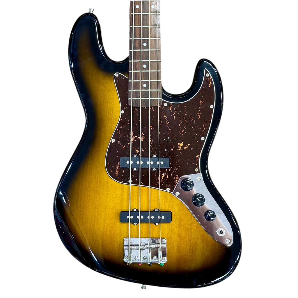 Jay Turser JTB-402-TSB Electric Bass Guitar w/ Hard Case Electric bass guitar with a sunburst finish on a white background