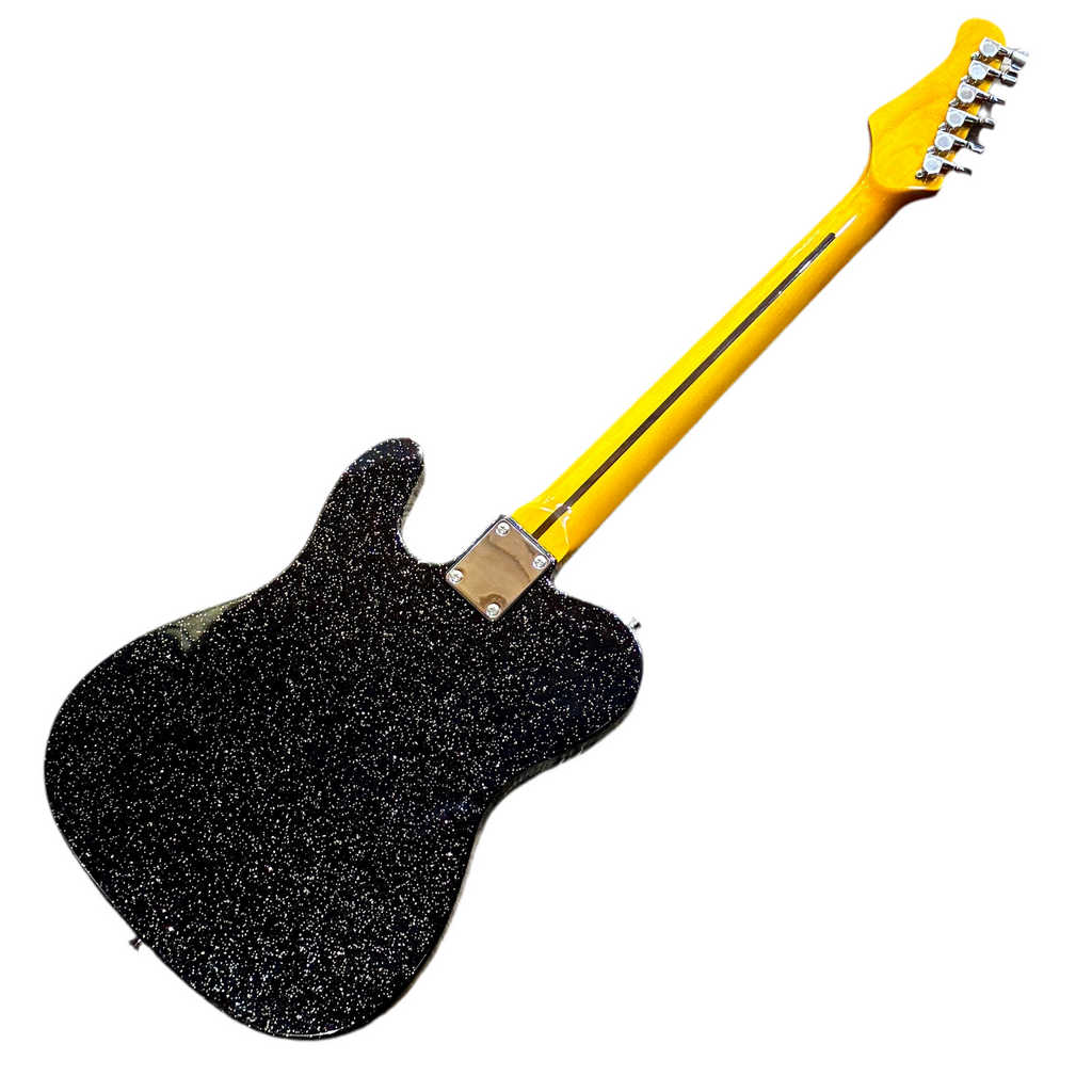 Glen Burton Silver Sparkle Telecaster Style Electric Guitar w/ Hard Case Black glitter electric guitar with a yellow neck on a white background