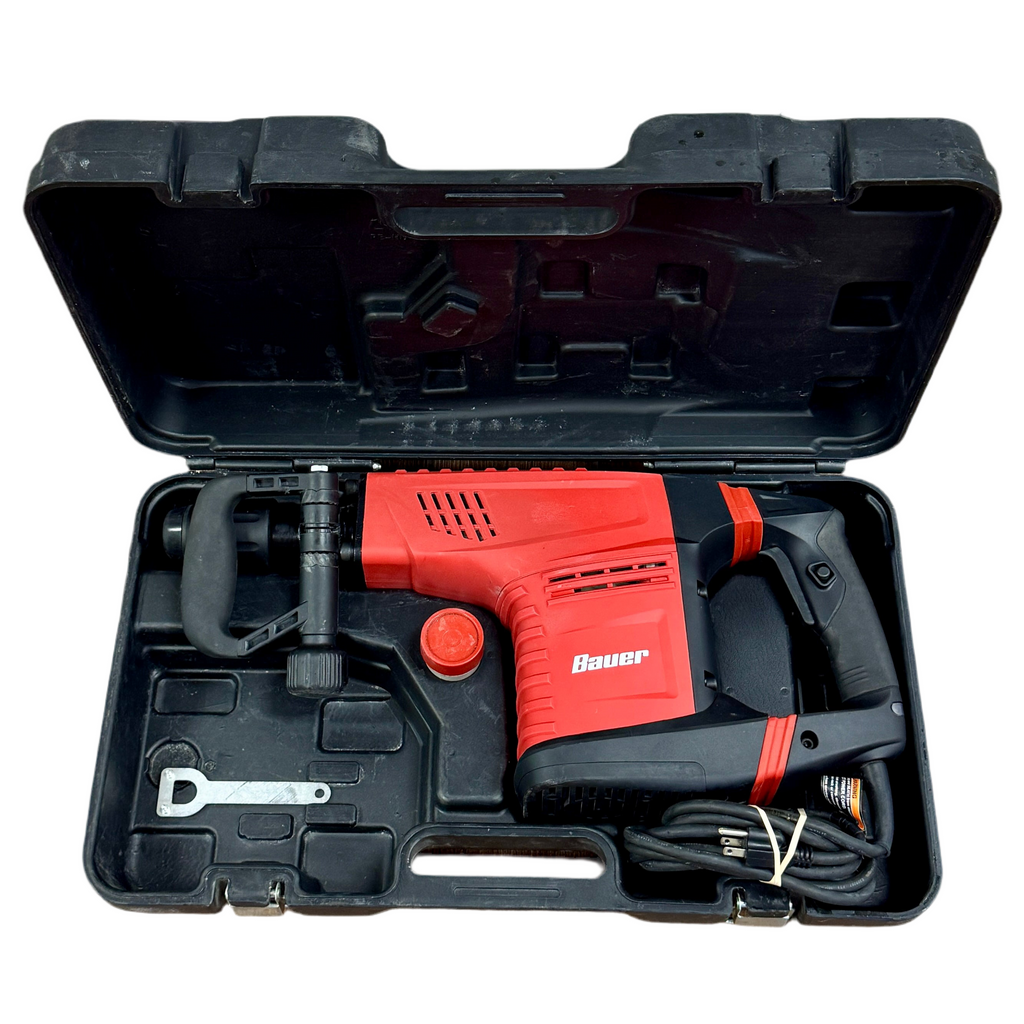 BAUER 12.5-Amp Corded SDS-MAX Type Demolition Hammer w/ Hard Case (1631E-B) Red and black drill in an open black case on a white background