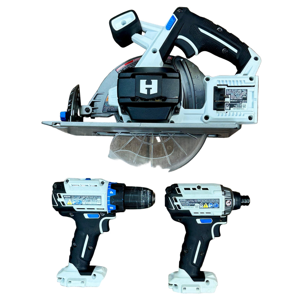 HART 20V 7-1/4" Brushless Cordless Circular Saw / HART 20V 1/2" Cordless Drill/Driver / HART 20V 1/2" Cordless Impact Driver w/ 2 Batteries, Charger, & Carrying Case (HPCS25/HPDD25VN/HPID25VN) Circular saw and two impact drivers on a wooden floor