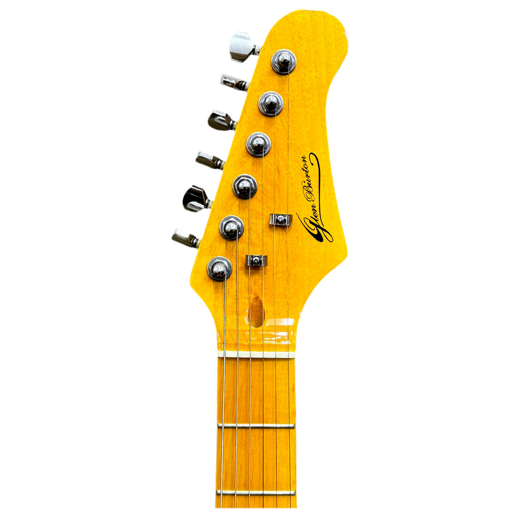 Glen Burton Silver Sparkle Telecaster Style Electric Guitar w/ Hard Case Guitar headstock with 'Seymour Duncan' logo on a white background