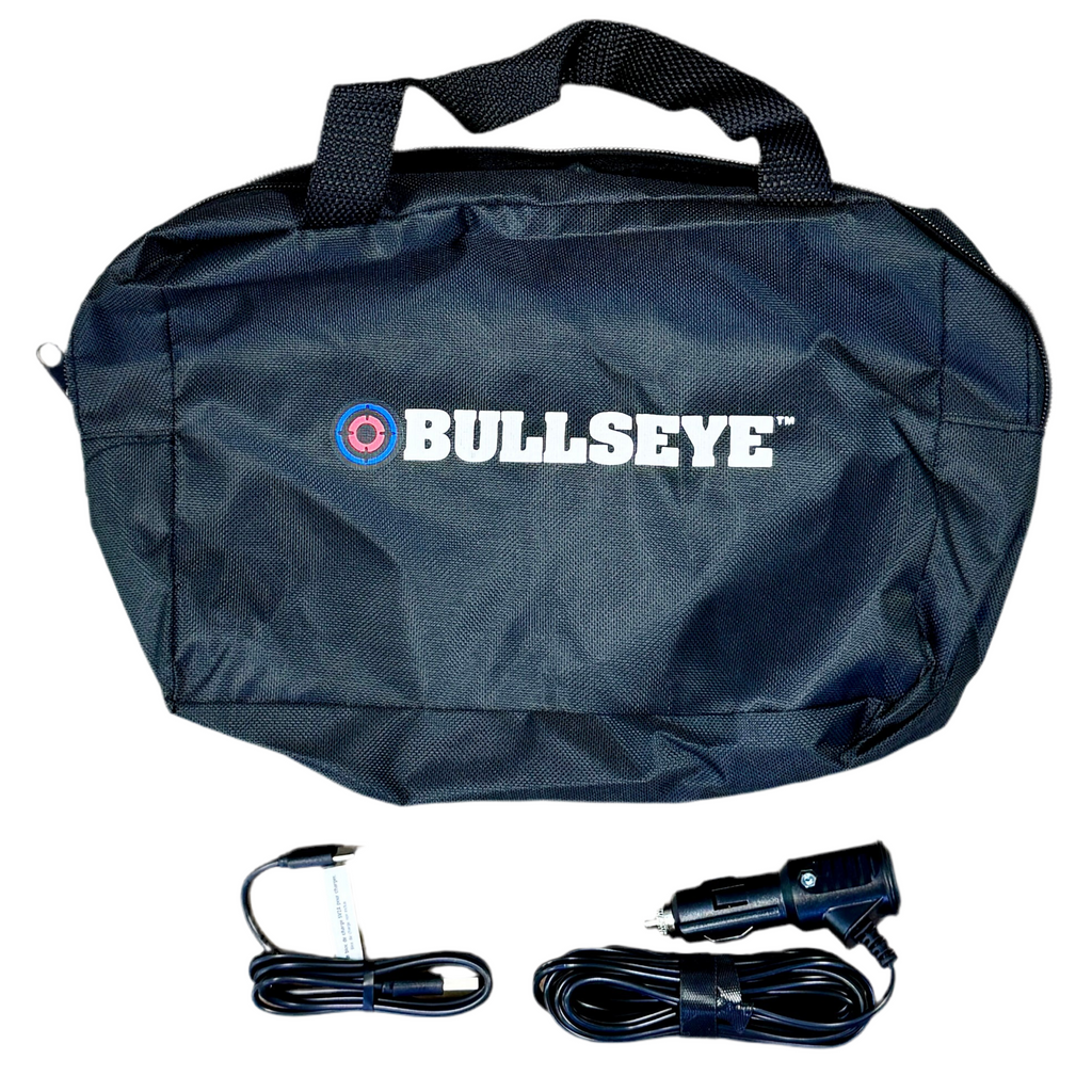 BULLSEYE PRO Digital Tire Inflator w/ Pressure Gauge w/ Travel Bag & Accessories (9475B-BAT) Black carrying bag with Bullseye logo and car charging cables on a white background