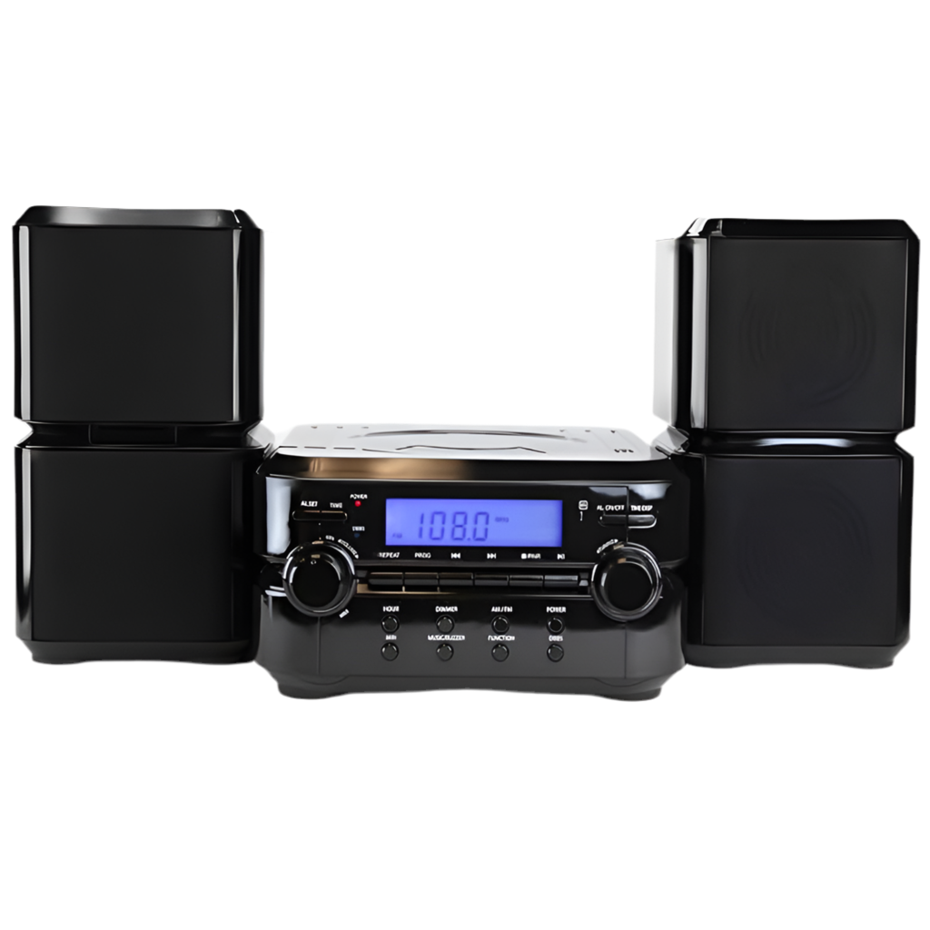 Black stereo system with speakers on a white background