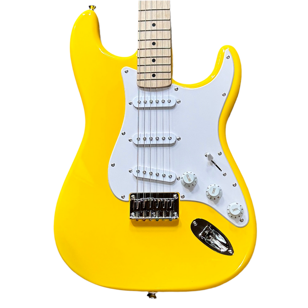 Fender Squier Stratocaster Electric Guitar Yellow electric guitar with a white pickguard on a white background
