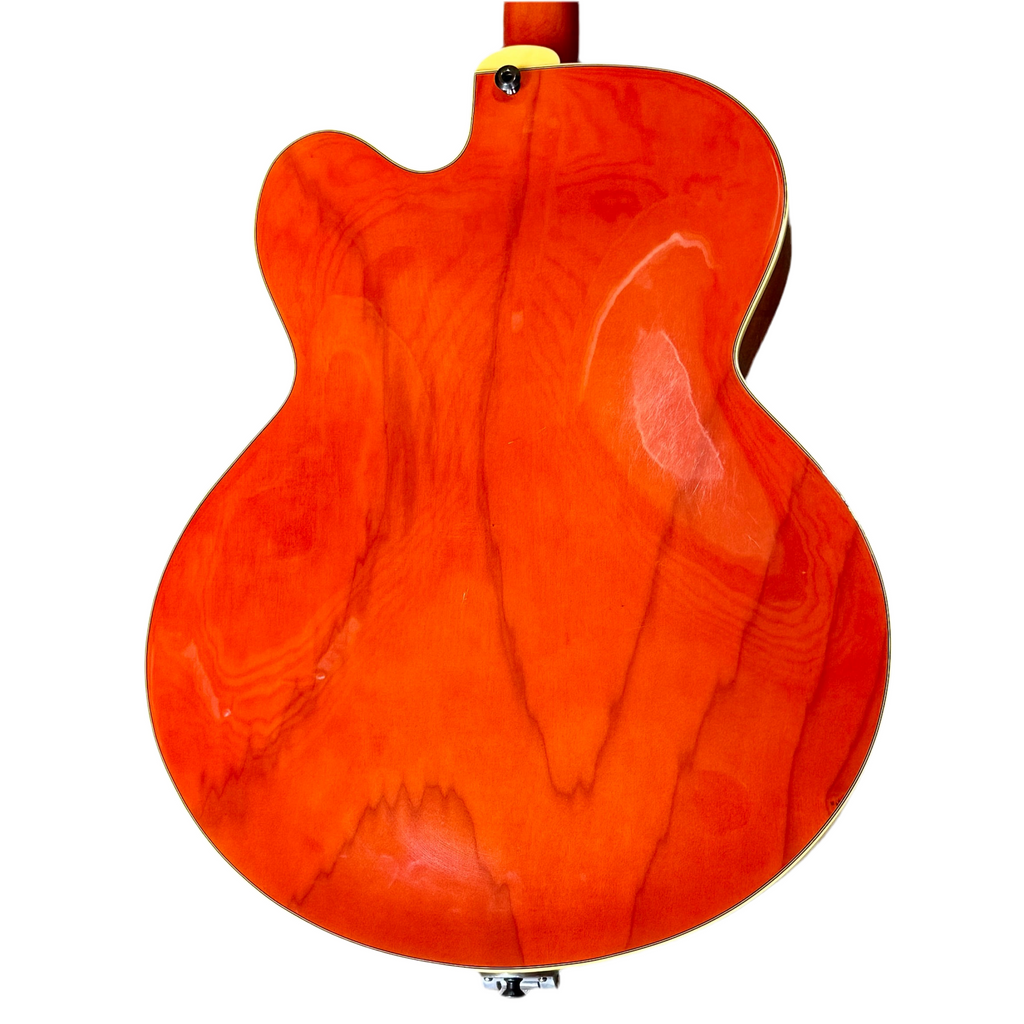 Carlo Robelli CRB1955 OR Hollow Body Electric Guitar Back view of an orange electric guitar on a white background