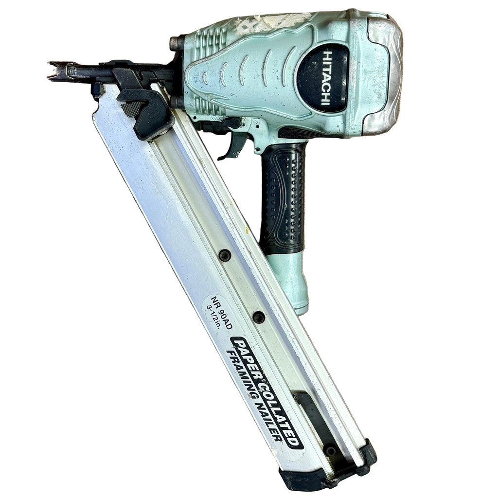 Hitachi 30-Degree 3-1/2" Pneumatic Paper Collated Framing Nailer (NR90AD) Hitachi nail gun on a white background