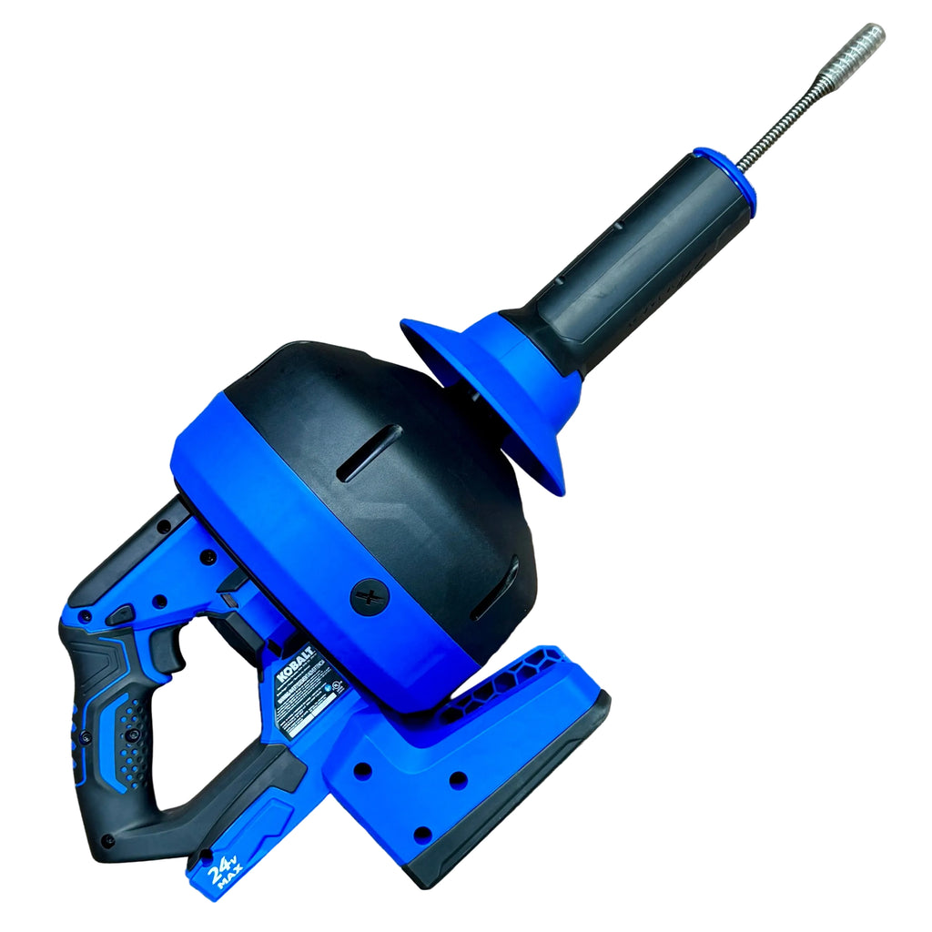 Kobalt 24V MAX Brushless Cordless Galvanized Wire Drain Auger w/ Battery & Charger (KDA 124B-03) Blue and black power tool on a wooden floor