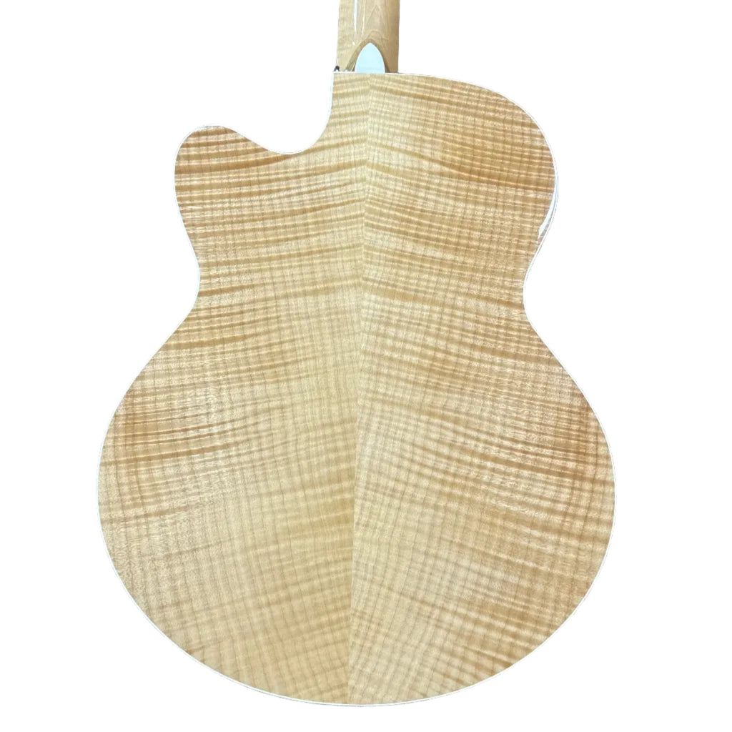 Sawtooth ST-MPL-AEJC-12 12-String Acoustic-Electric Guitar w/ Soft Case Back view of a wooden acoustic guitar on a wooden floor