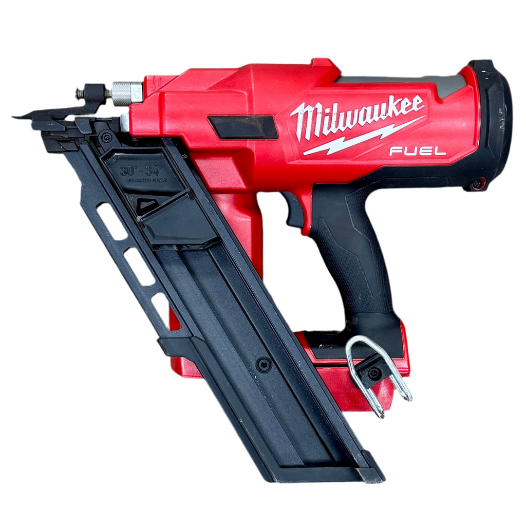 Milwaukee M18 FUEL 18V 3-1/2" 30-Degree Cordless Framing Nailer (2745-20) Red Milwaukee nail gun on a white background