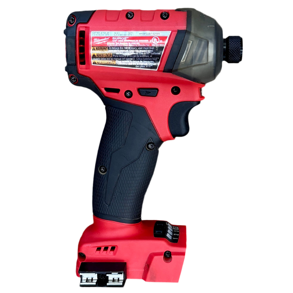 Milwaukee SURGE M18 FUEL 18V 1/4" Hex Cordless Hydraulic Driver w/ 2 Batteries & Charger (2760-20) Red and black cordless drill on a white background