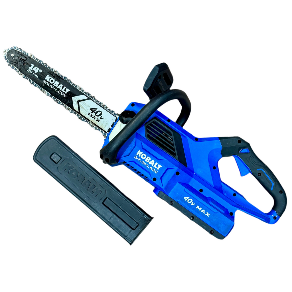 Kobalt Gen4 40V 14" Guide Bar Battery-Powered Chainsaw w/ Battery & Charger (KCS 1040B-03) Kobalt chainsaw with blue body and black handle on a white background