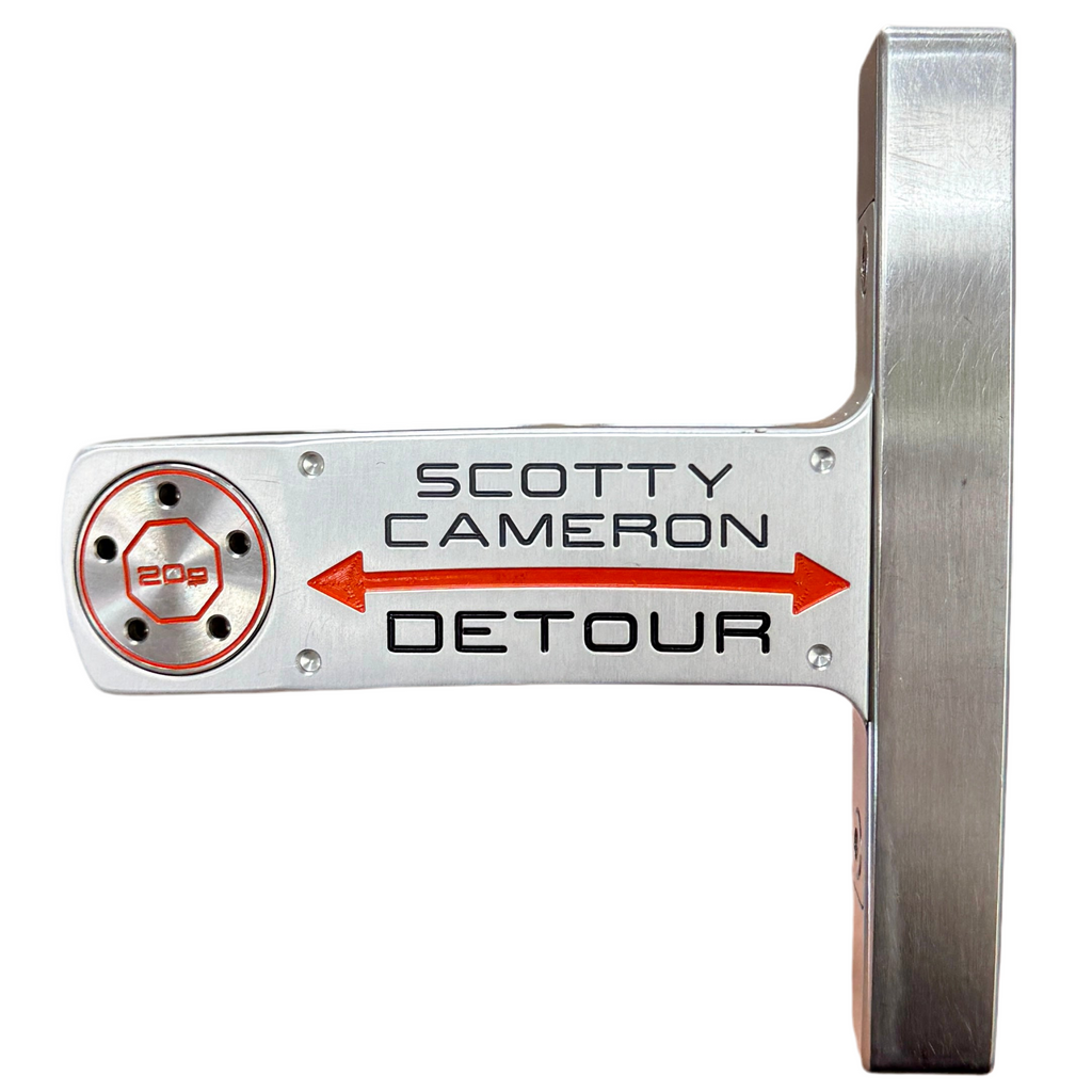 Titleist Scotty Cameron DETOUR Putter RH Golf Club w/ Headcover Scotty Cameron golf putter head with 'Detour' text on a white background