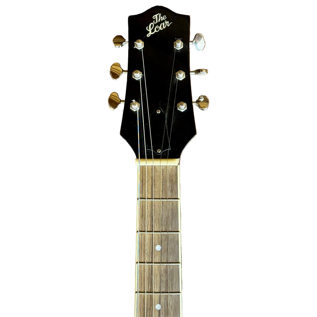 The Loar LH-280-CSN Hollow Body Electric Guitar neck with headstock on a tiled floor