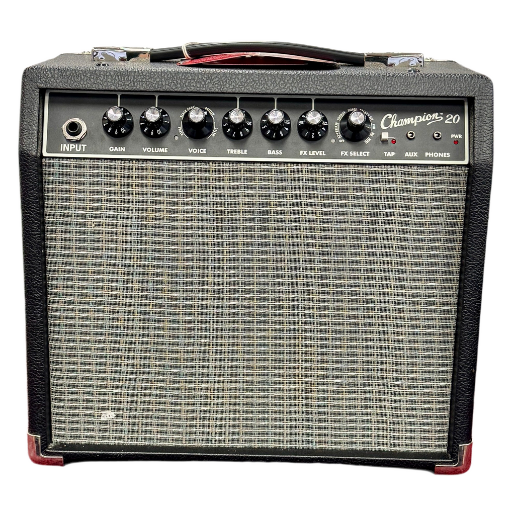 Fender Champion 20 Guitar Combo Amplifier Guitar amplifier with control knobs and 'Champion 20' branding on a white background