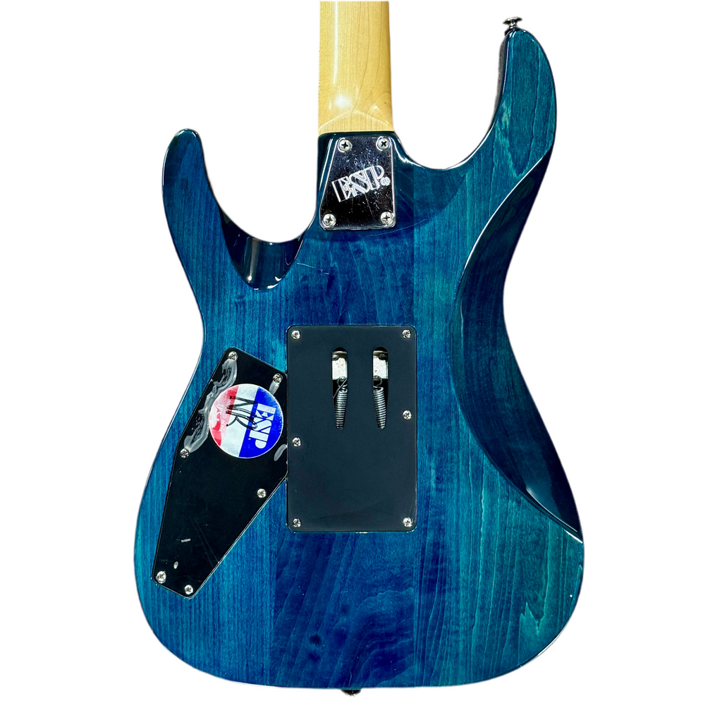 ESP LTD MH-100QM Electric Guitar Blue electric guitar with a white pickguard on a white background