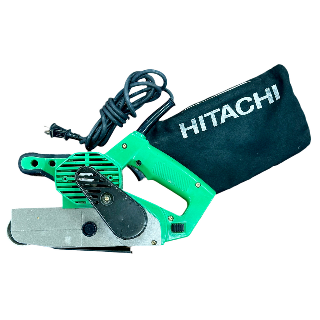 Hitachi 8.7-Amp 3" Corded Belt Sander (SB-75) Green belt sander with black cord and Hitachi branded pouch on a white background