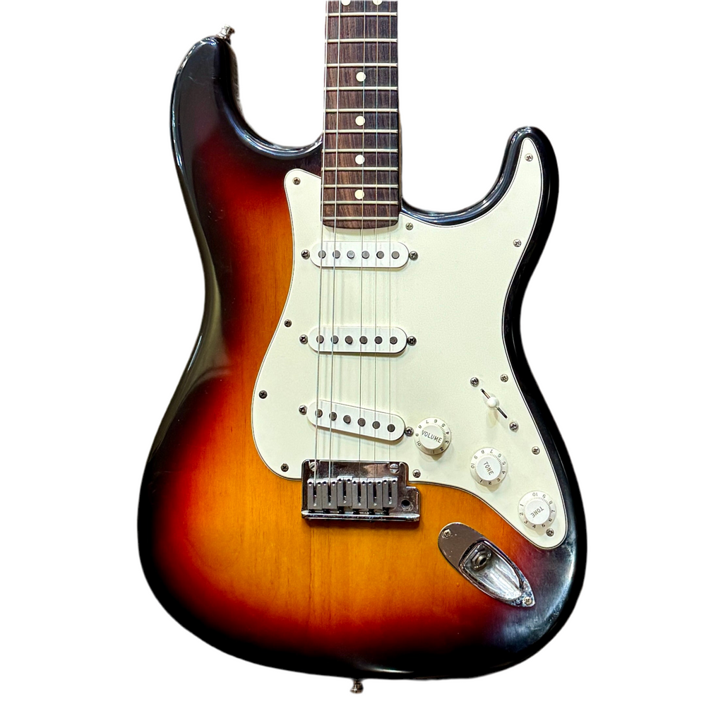 Fender American Stratocaster Electric Guitar Electric guitar with a sunburst finish on a white background