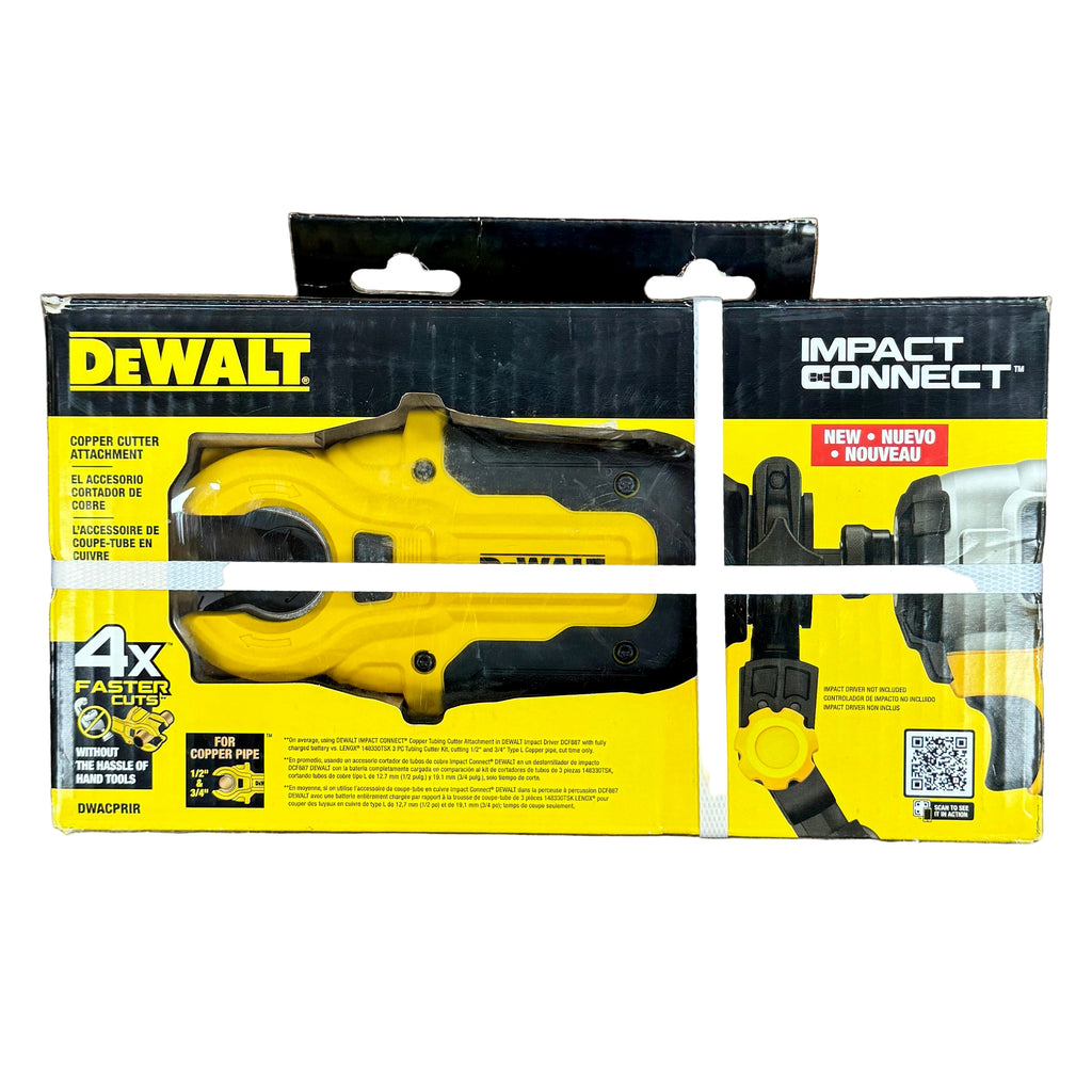 DeWalt IMPACT CONNECT Copper Pipe Cutter Attachment (DWACPRIR) DeWALT impact connect packaging on a wooden surface